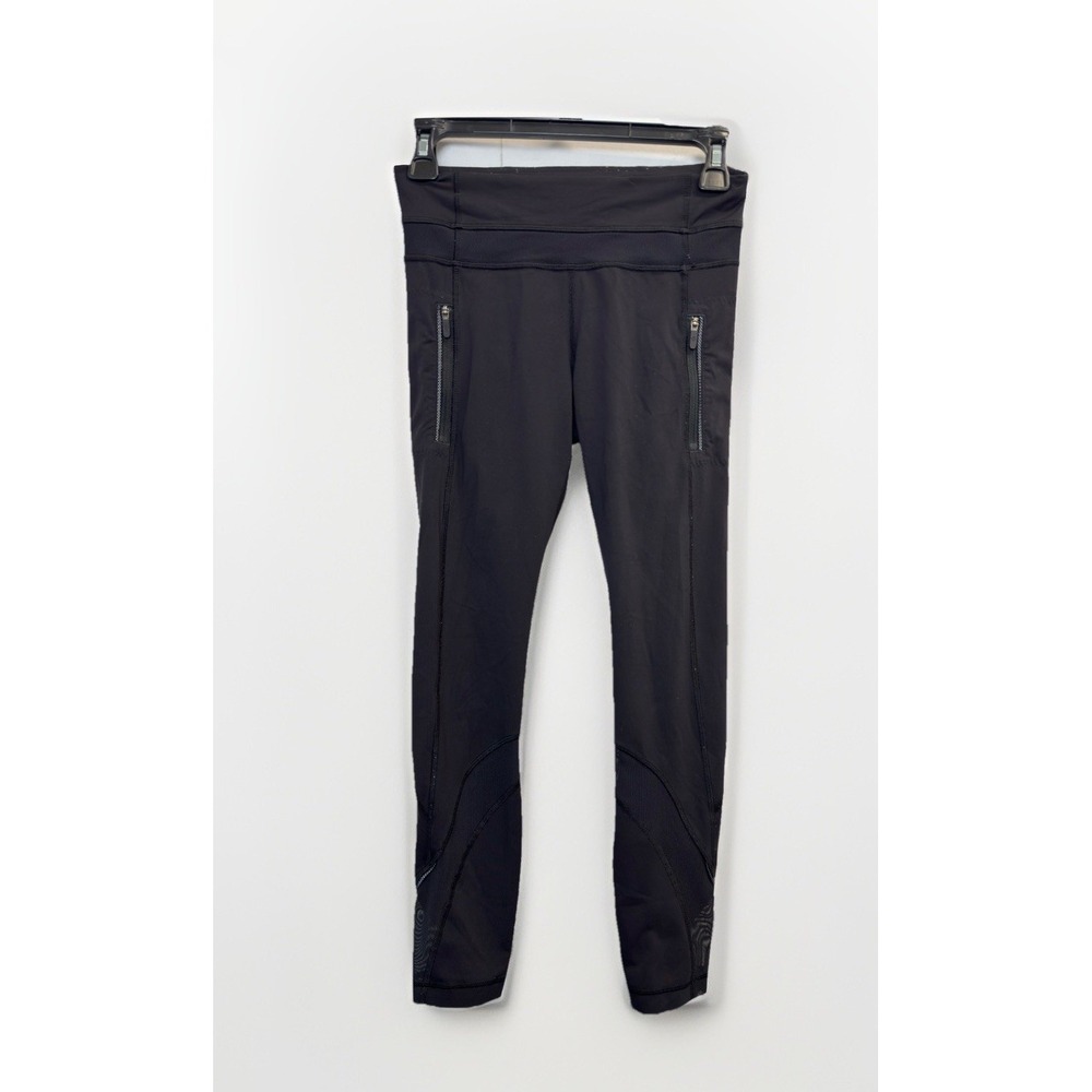 Lululemon Womens Leggings Size 4 Black Front Zip Pockets Full Length Mesh 26X26